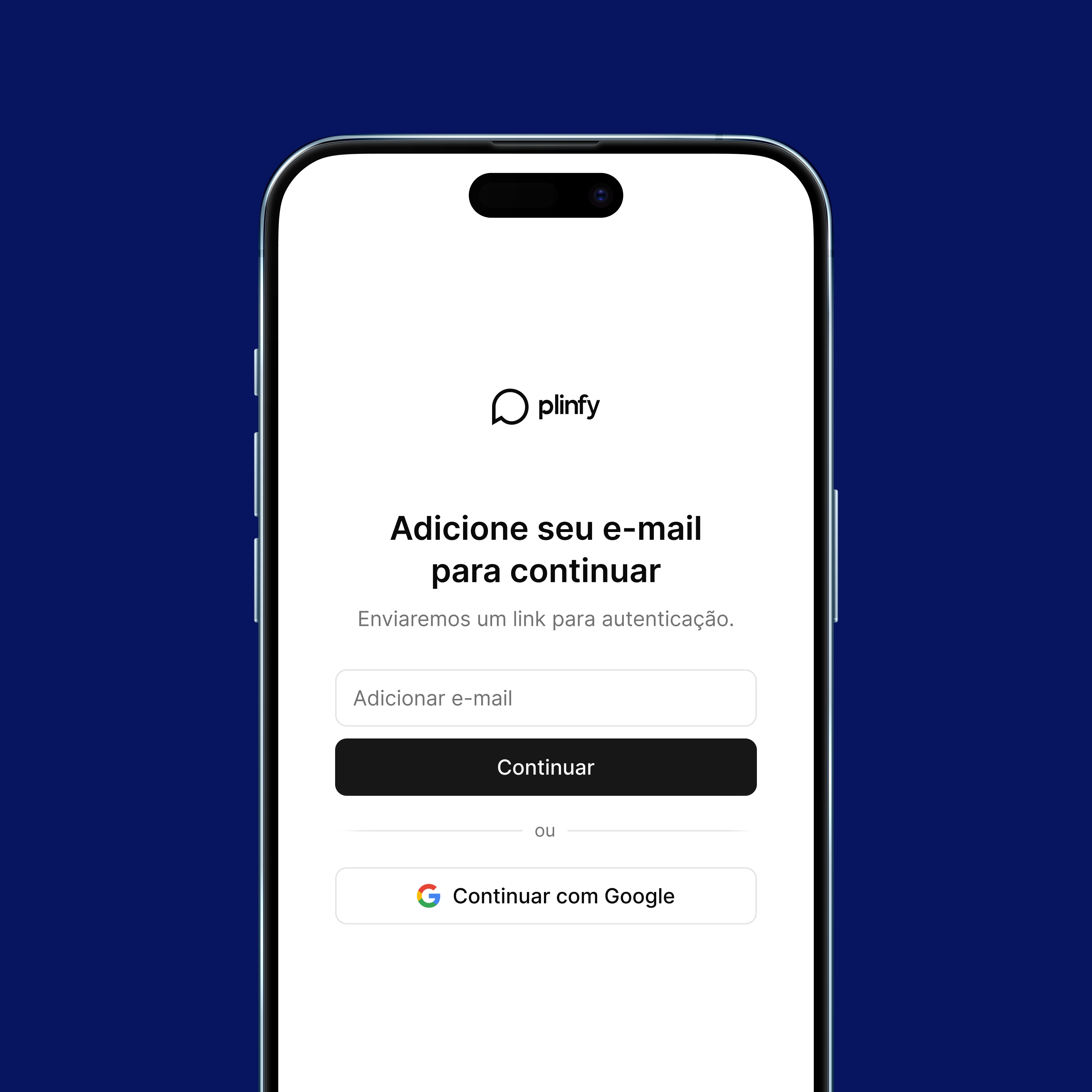Imagem de um celular com a página de login da Plinfy